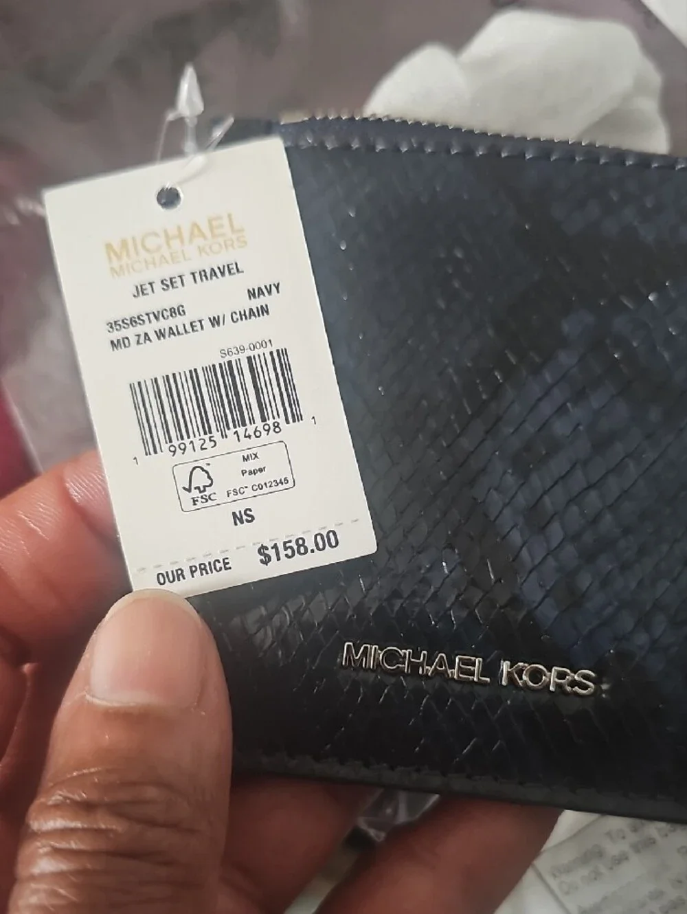 Michael Kors Navy Blue Snakeskin Patent Card Holder Wallet with Chain NWT